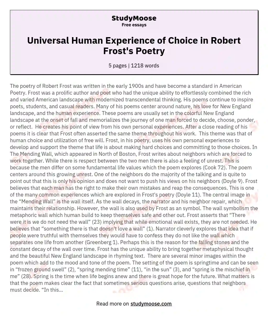 Universal Human Experience of Choice in Robert Frost's Poetry