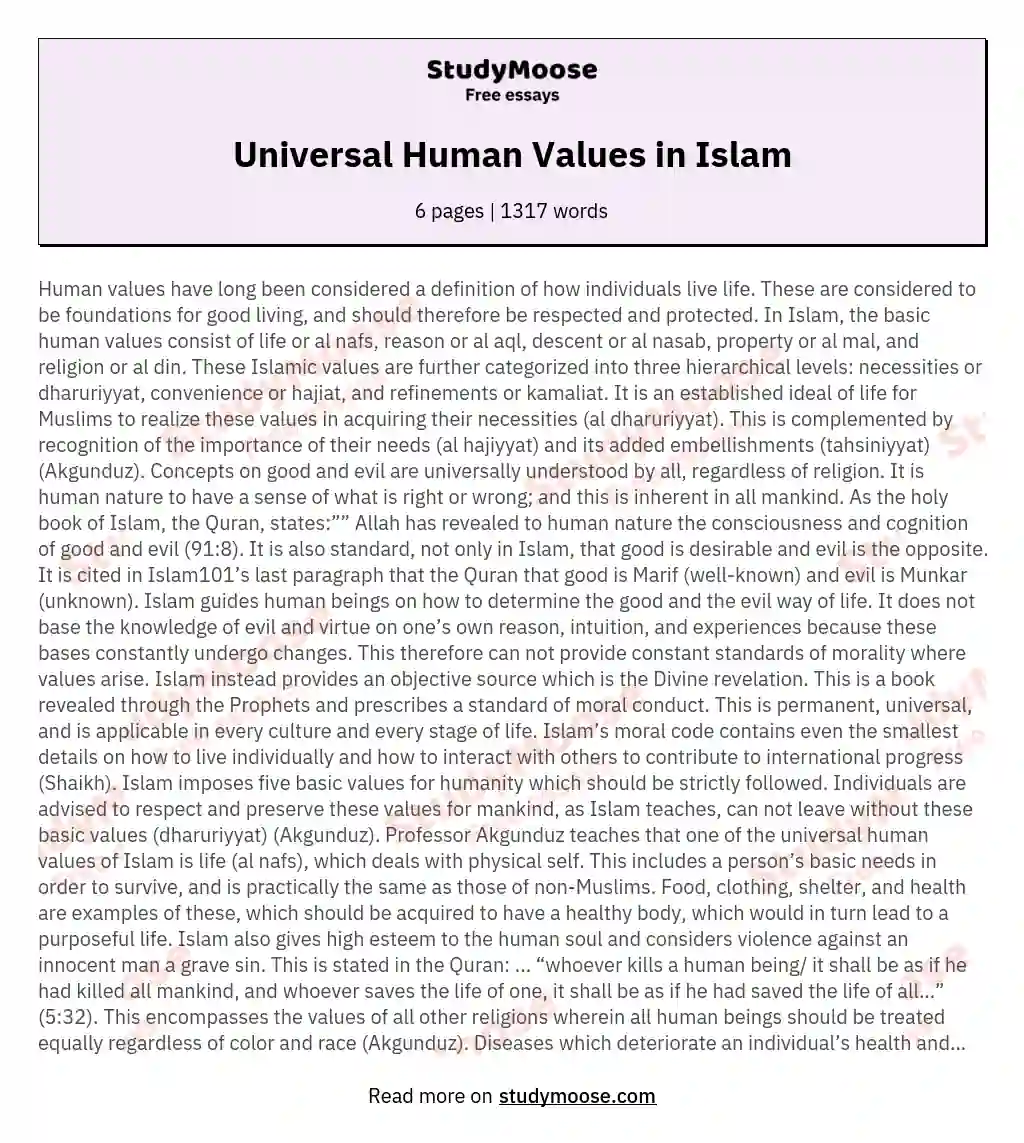 essay on moral values in islam