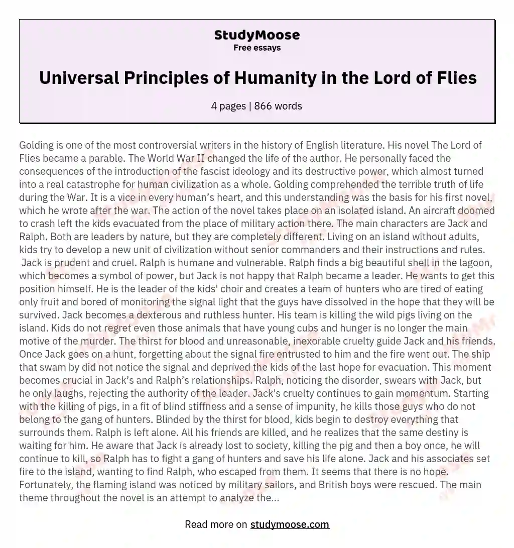 Universal Principles of Humanity in the Lord of Flies essay