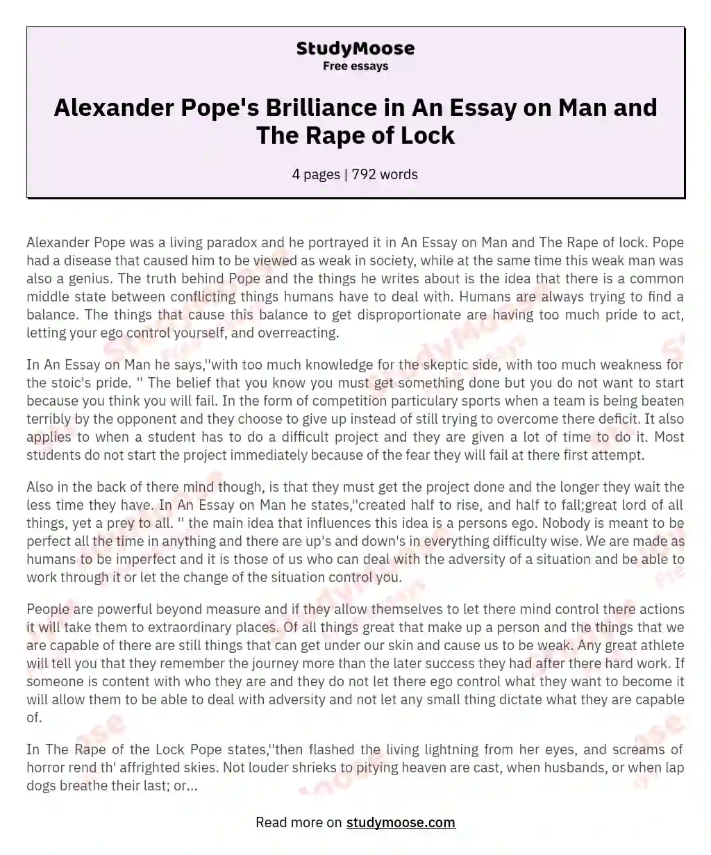Alexander Pope's Brilliance in An Essay on Man and The Rape of Lock essay