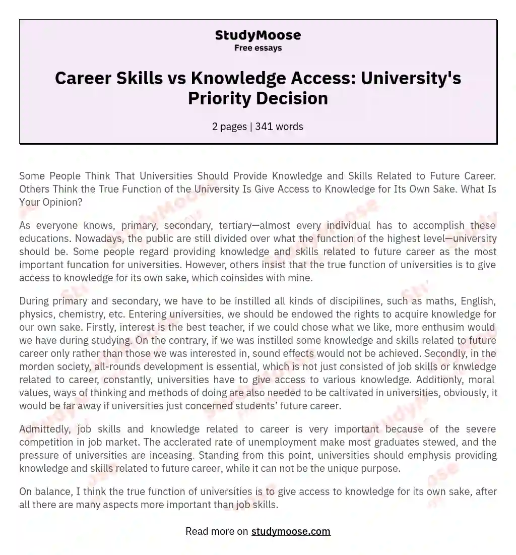 Universities Should Provide Skills for Future Career or Give Access to Knowledge for Its Own Sake