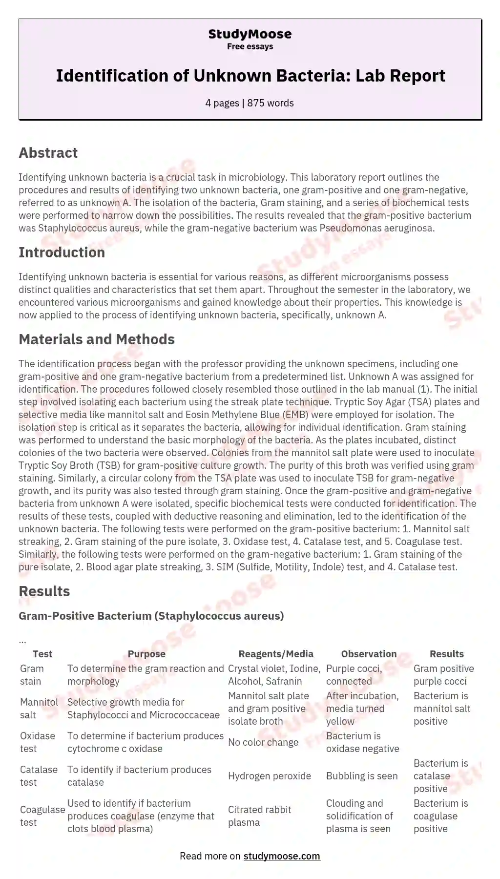 Identification of Unknown Bacteria: Lab Report essay