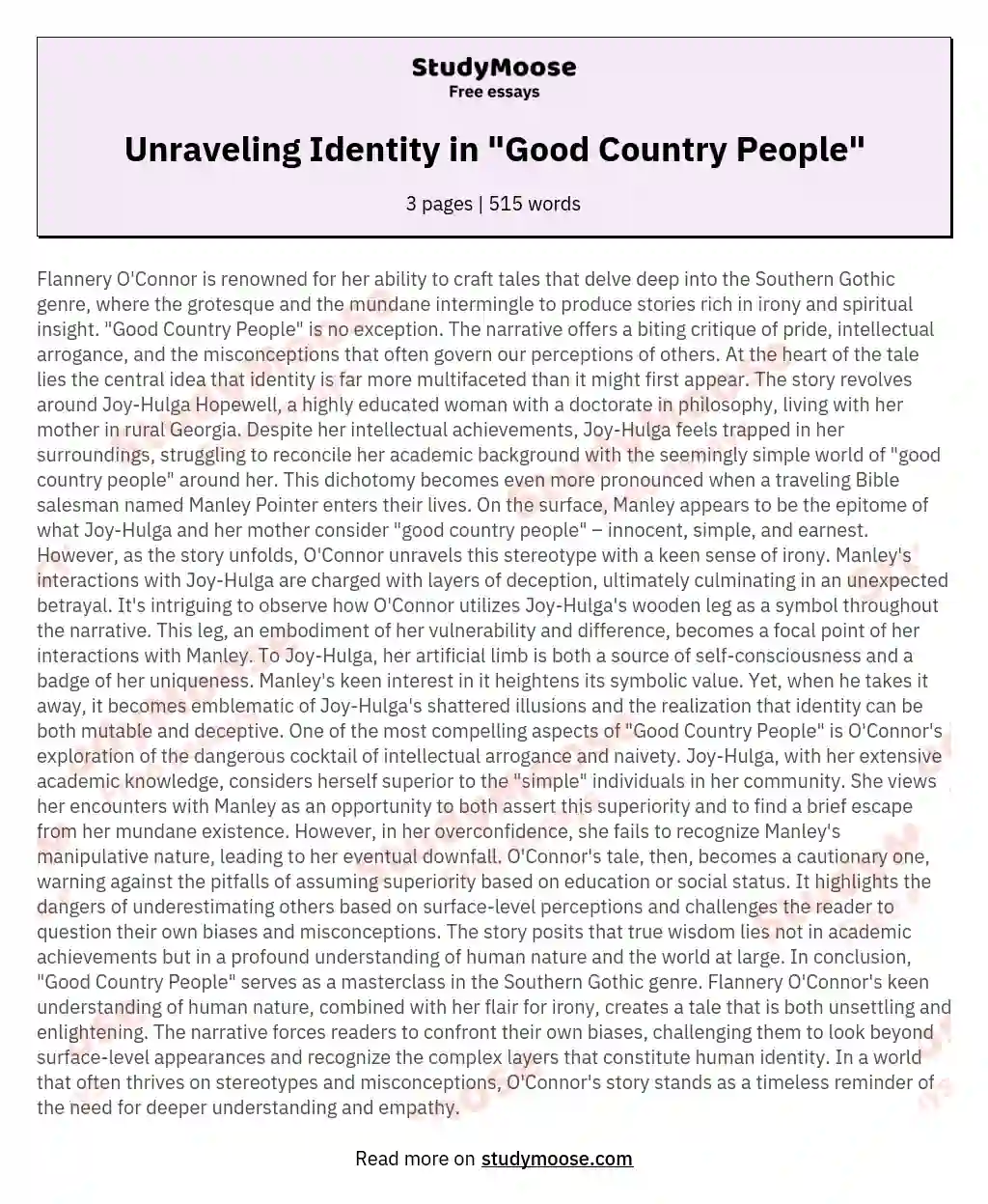 Unraveling Identity in "Good Country People" essay