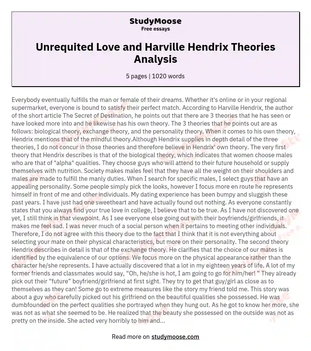 Unrequited Love and Harville Hendrix Theories Analysis