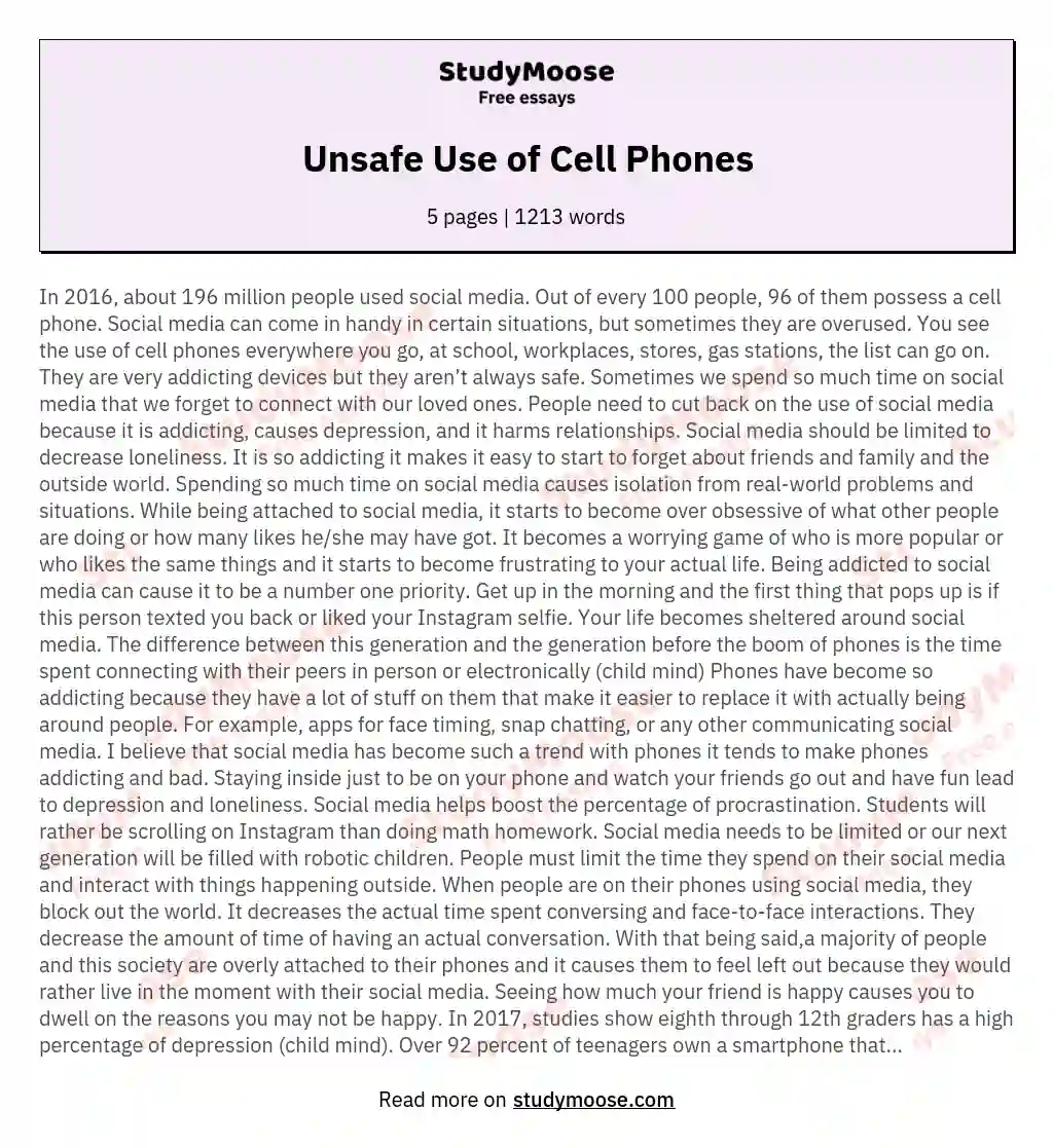 Unsafe Use of Cell Phones essay