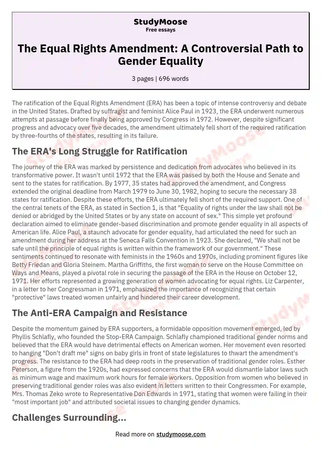 The Equal Rights Amendment: A Controversial Path to Gender Equality essay