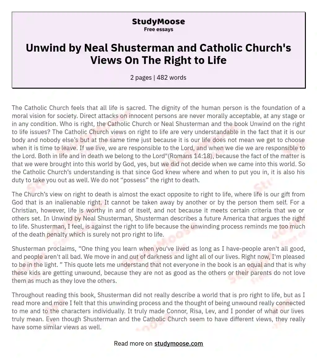 Unwind by Neal Shusterman and Catholic Church's Views On The Right to Life essay