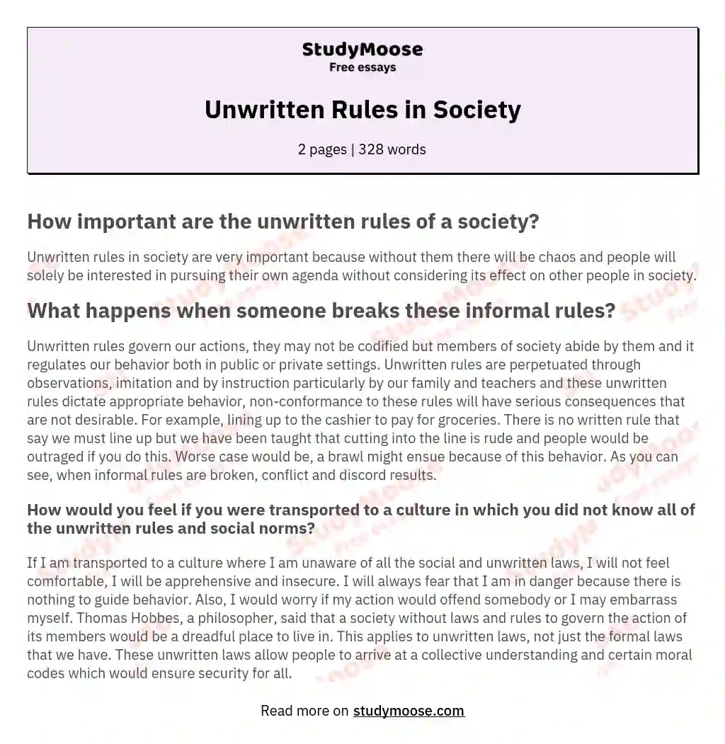 Unwritten Rules In Society Free Essay Example