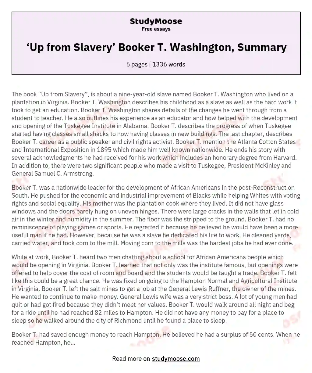 booker t washington up from slavery essay