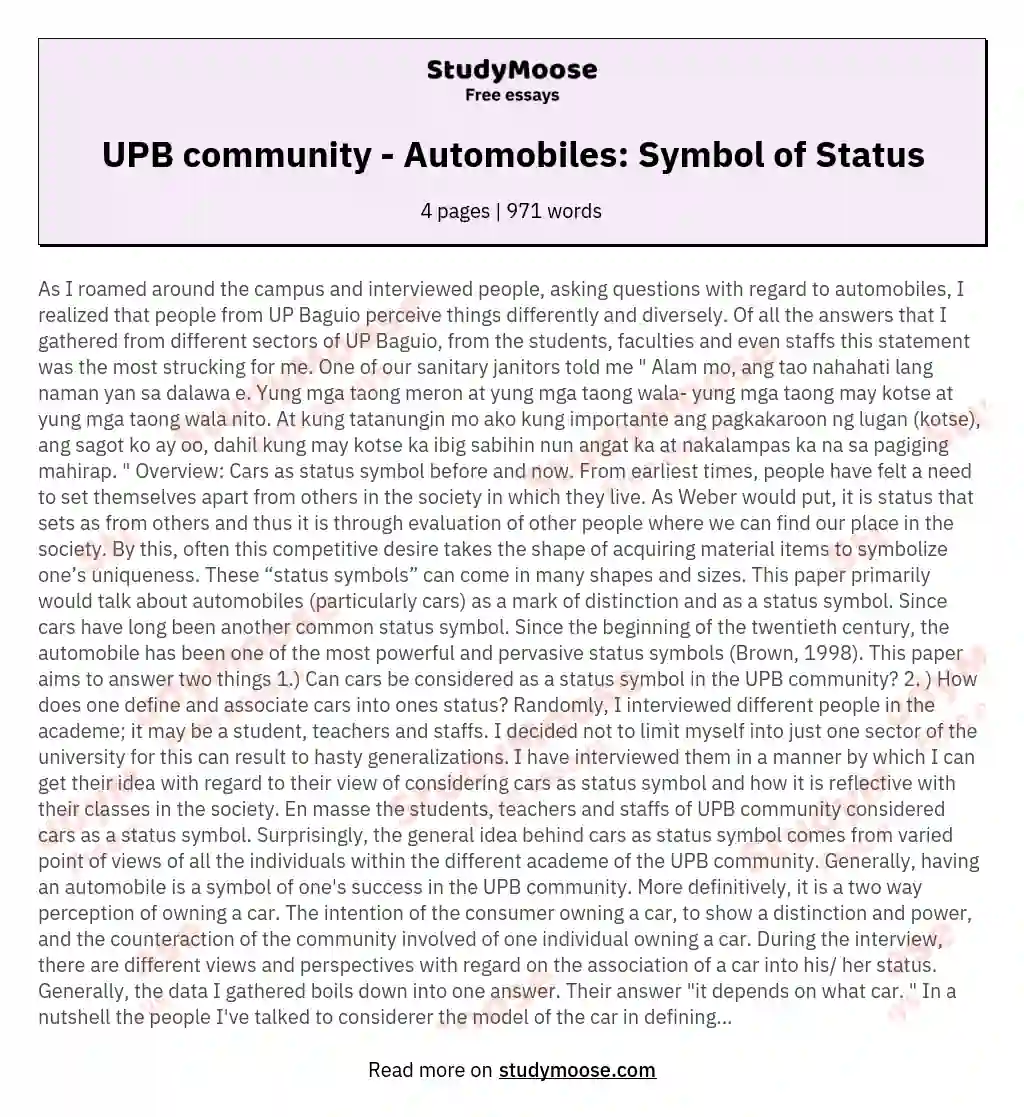 UPB community - Automobiles: Symbol of Status