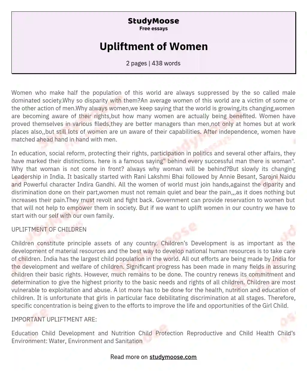 Upliftment of Women essay