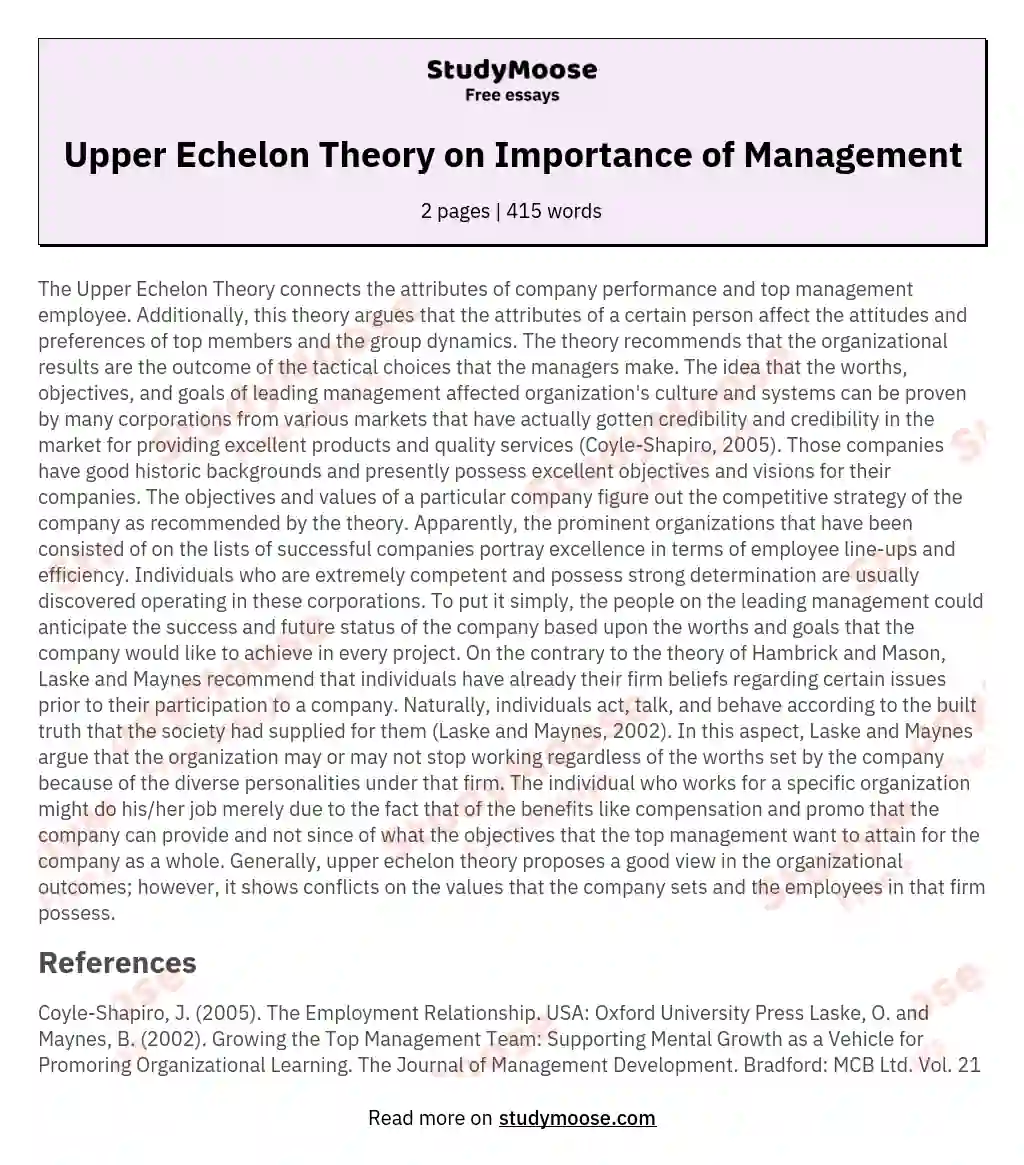 Upper Echelon Theory on Importance of Management essay