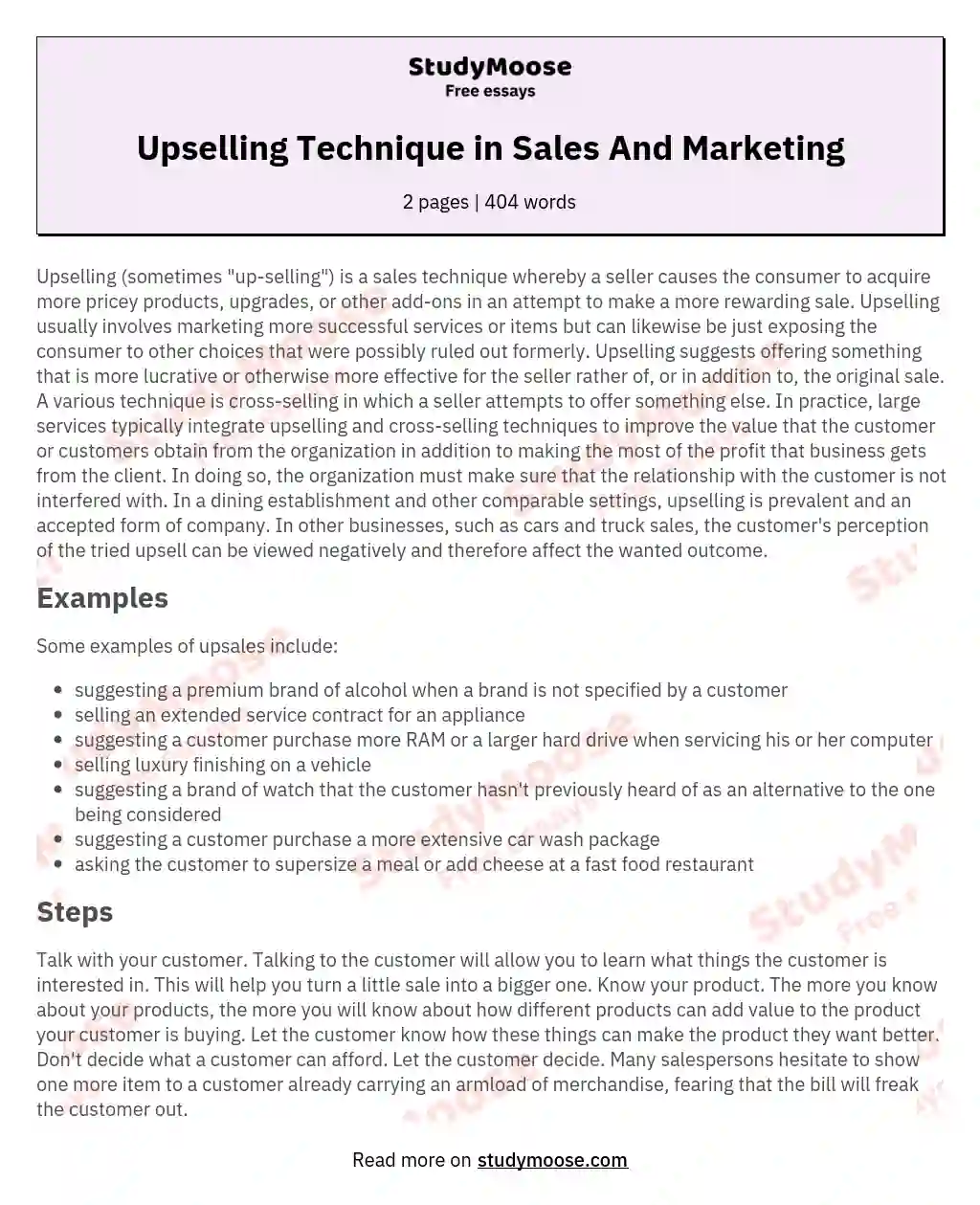 Upselling Technique in Sales And Marketing essay