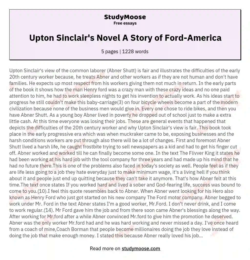 Upton Sinclair's Novel A Story of Ford-America essay