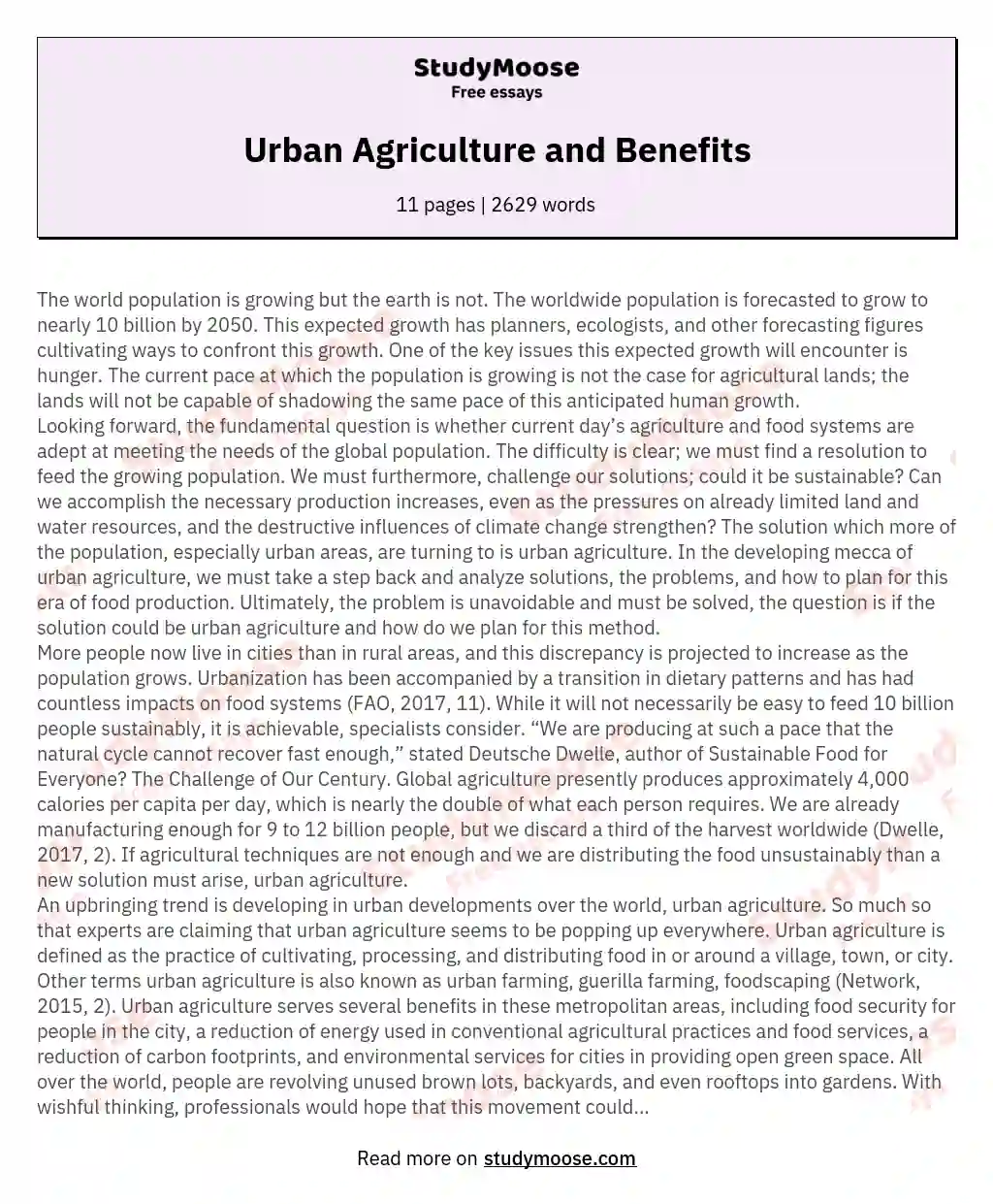 Urban Agriculture and Benefits essay