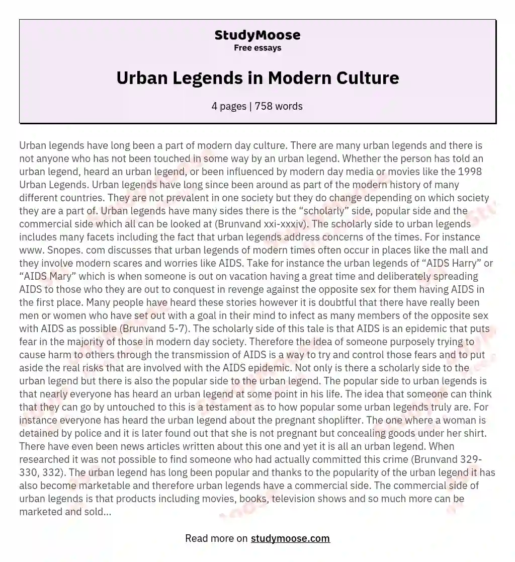 Urban Legends in Modern Culture essay