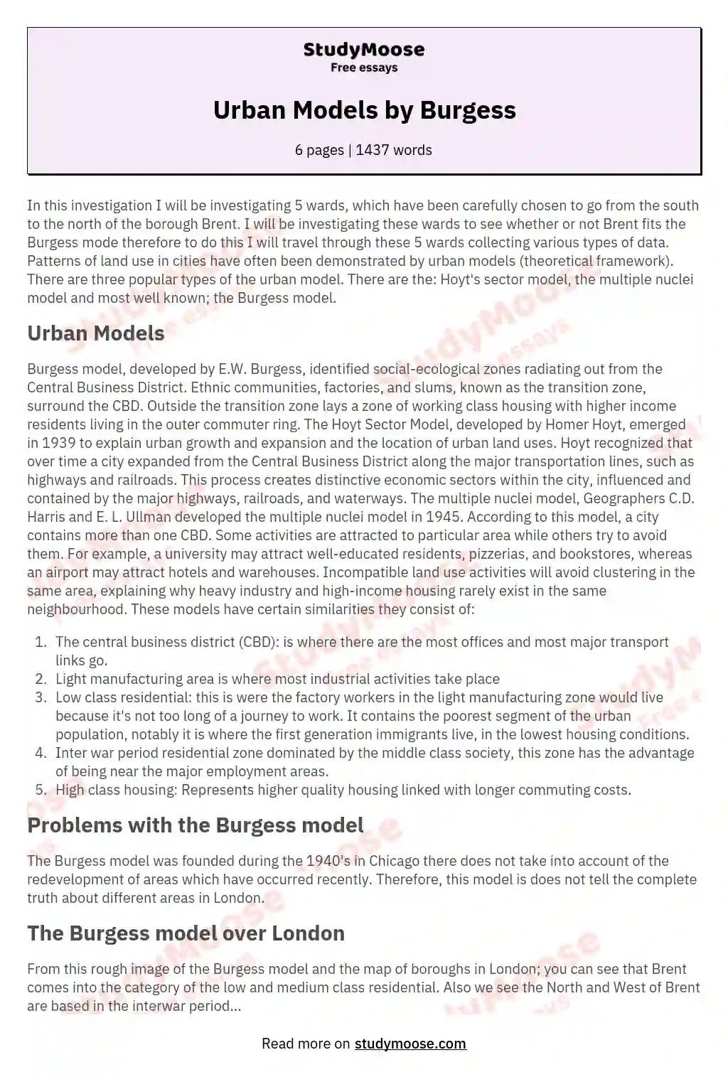 Urban Models by Burgess essay