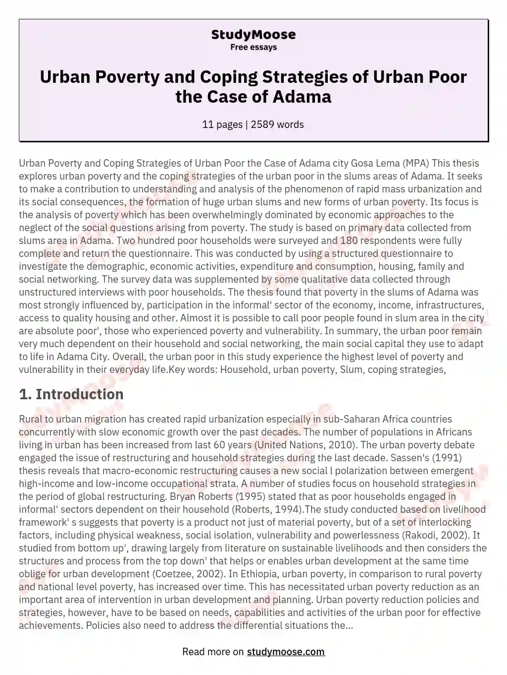 Urban Poverty and Coping Strategies of Urban Poor the Case of Adama essay