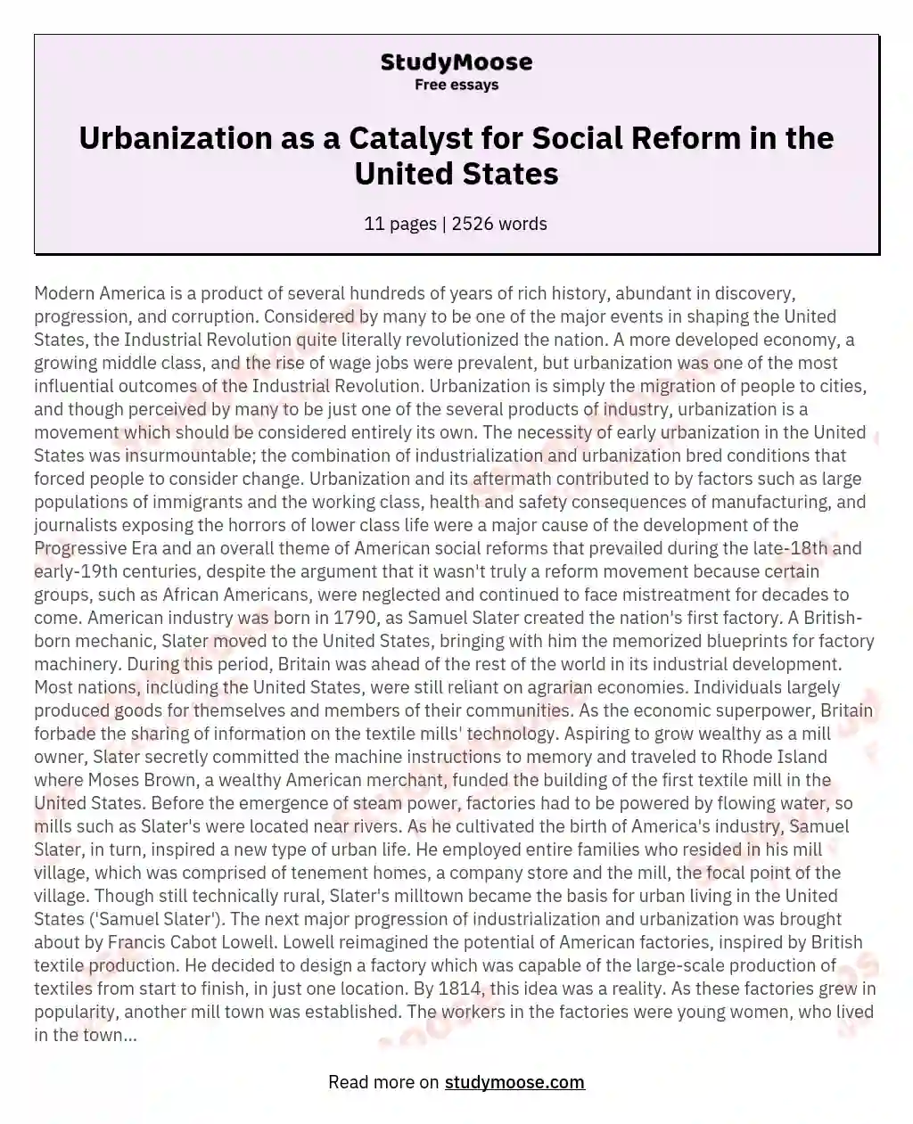 Urbanization as a Catalyst for Social Reform in the United States essay