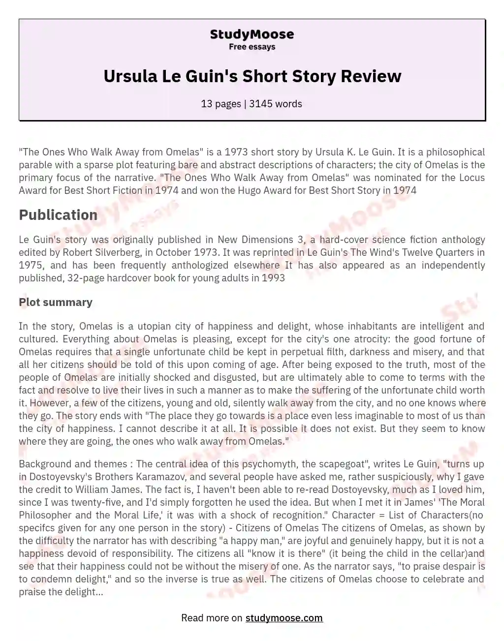 Ursula Le Guin's Short Story Review essay