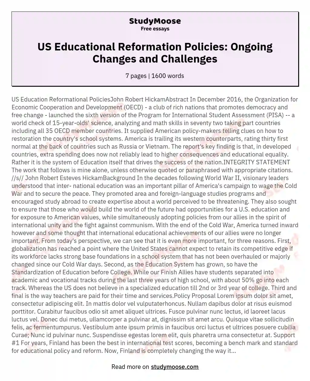 US Educational Reformation Policies: Ongoing Changes and Challenges essay