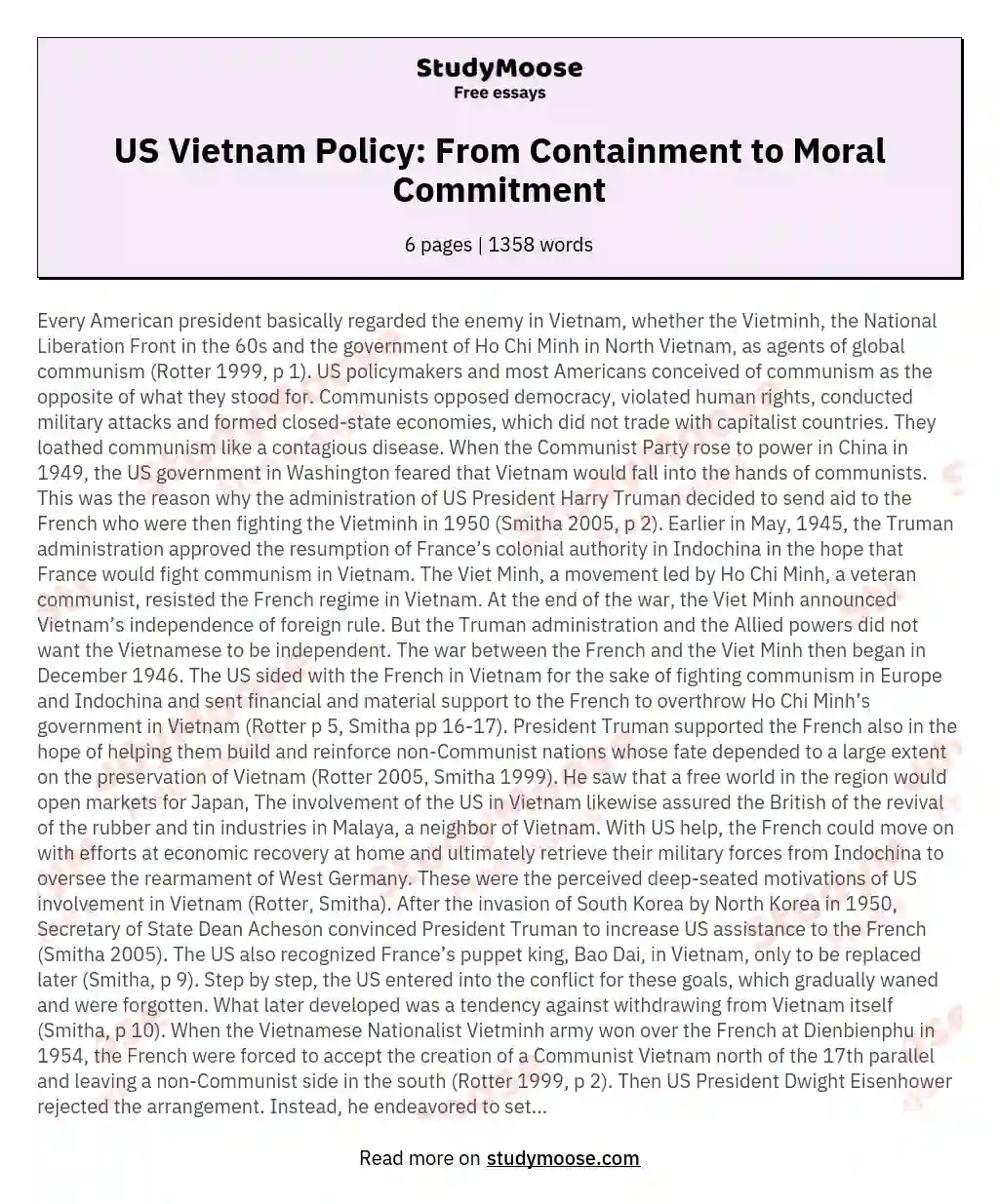 US Vietnam Policy: From Containment to Moral Commitment essay