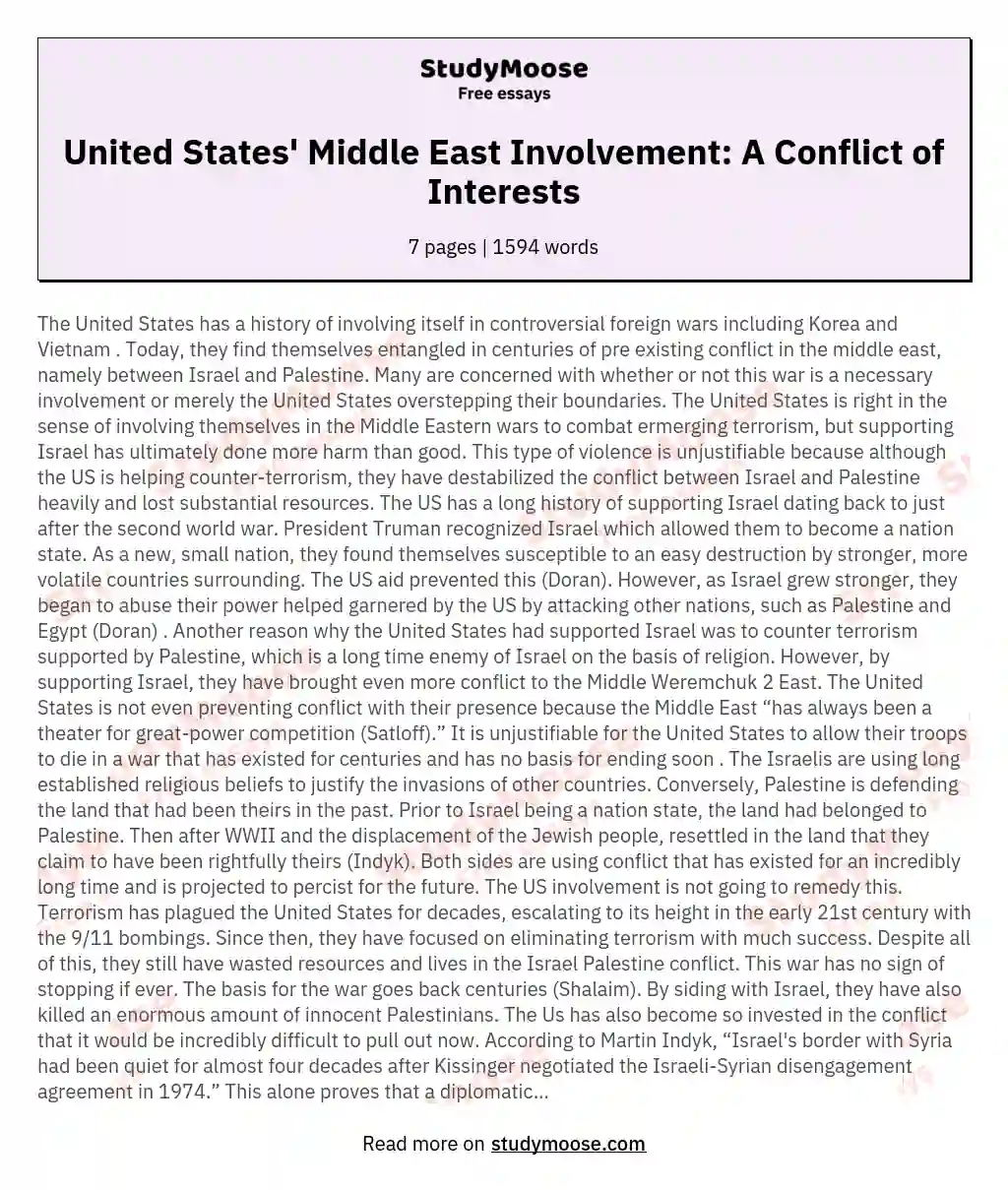 United States' Middle East Involvement: A Conflict of Interests essay