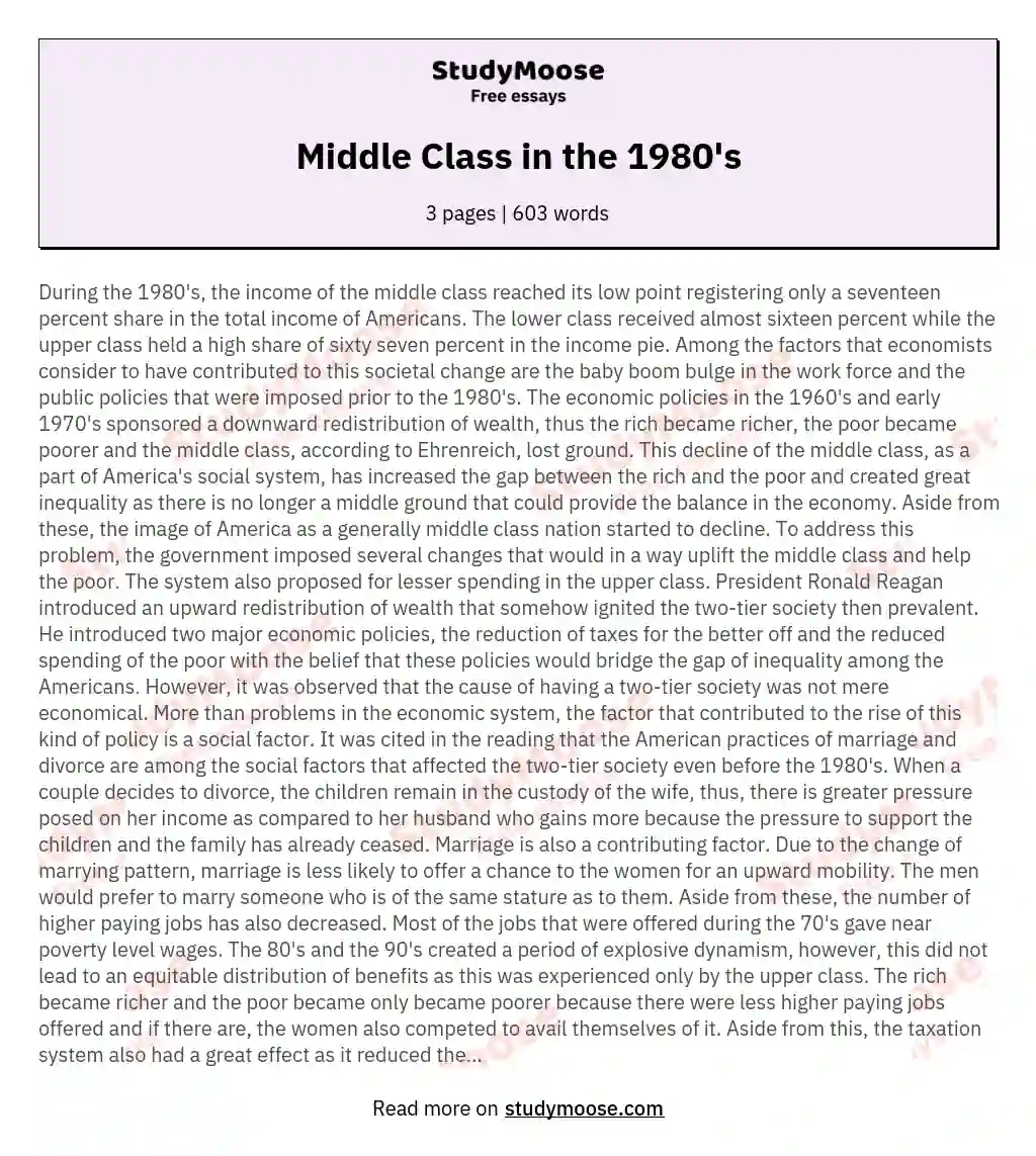 Middle Class in the 1980's essay