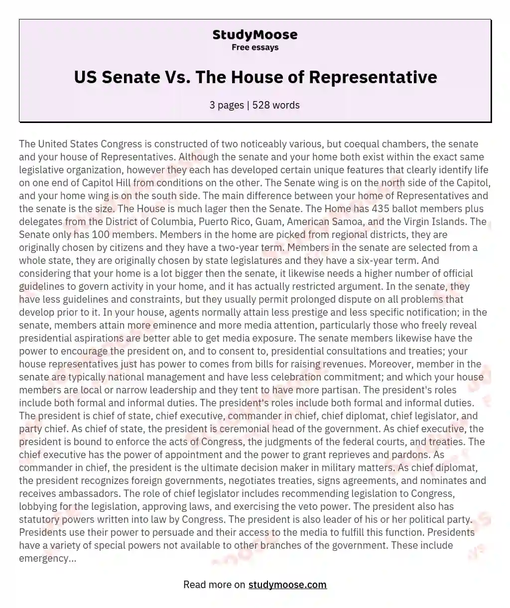 US Senate Vs. The House of Representative