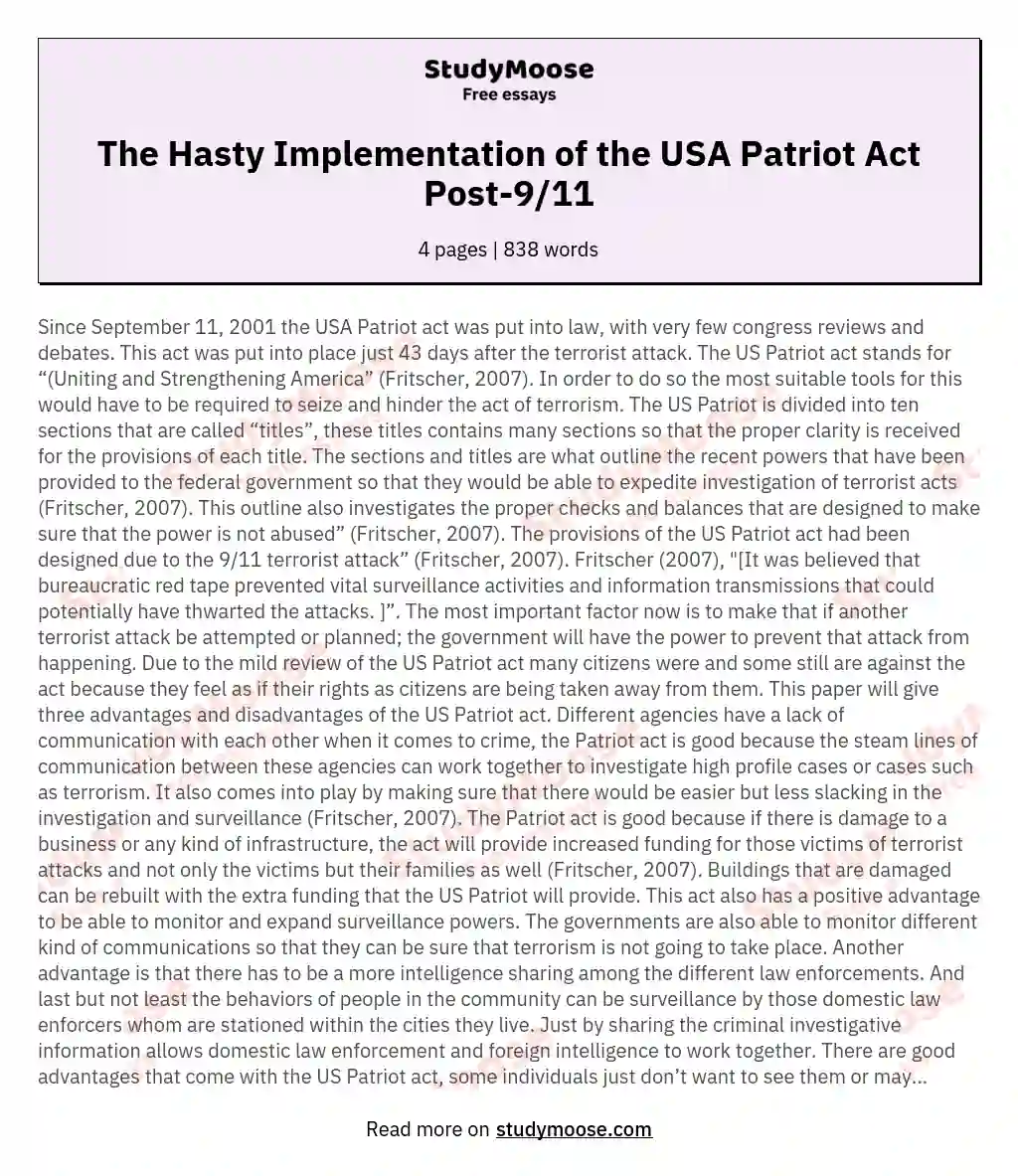 The Hasty Implementation of the USA Patriot Act Post-9/11 essay