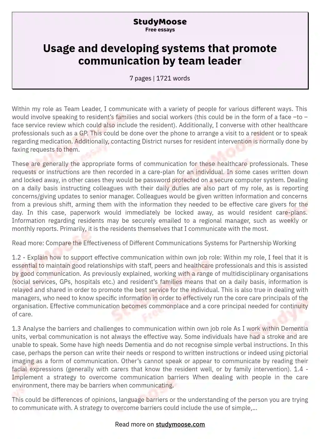 Usage and developing systems that promote communication by team leader essay