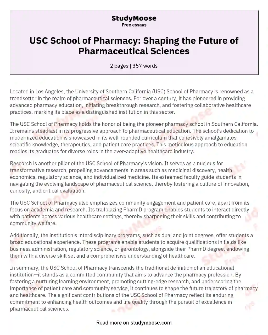 USC School of Pharmacy: Shaping the Future of Pharmaceutical Sciences essay