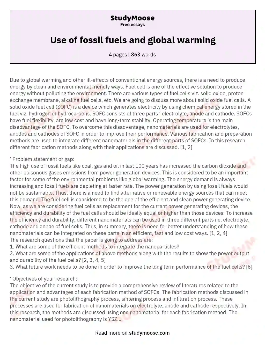 Use of fossil fuels and global warming essay