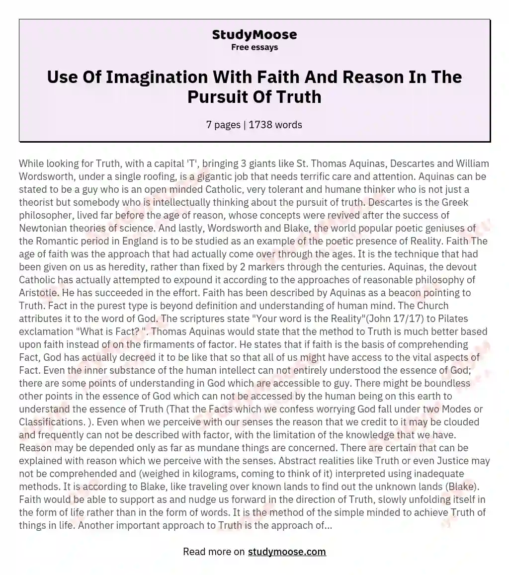 Use Of Imagination With Faith And Reason In The Pursuit Of Truth