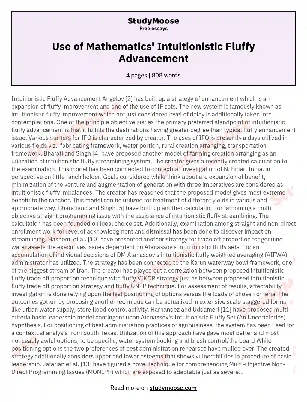 Use of Mathematics' Intuitionistic Fluffy Advancement essay