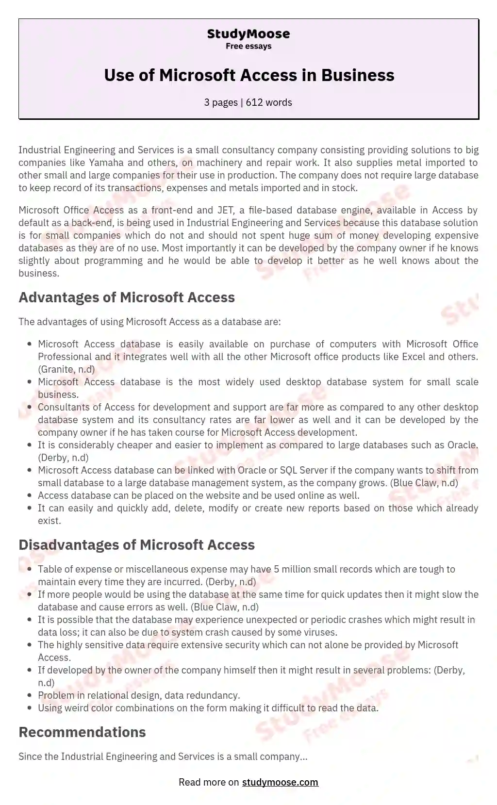 Use of Microsoft Access in Business essay