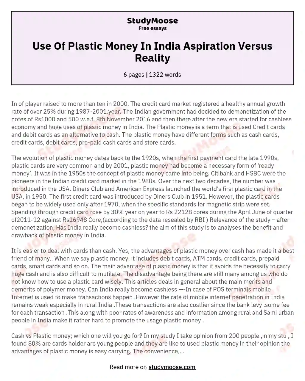 Use Of Plastic Money In India Aspiration Versus Reality essay