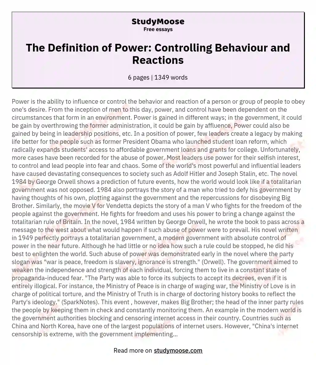 The Definition of Power: Controlling Behaviour and Reactions essay