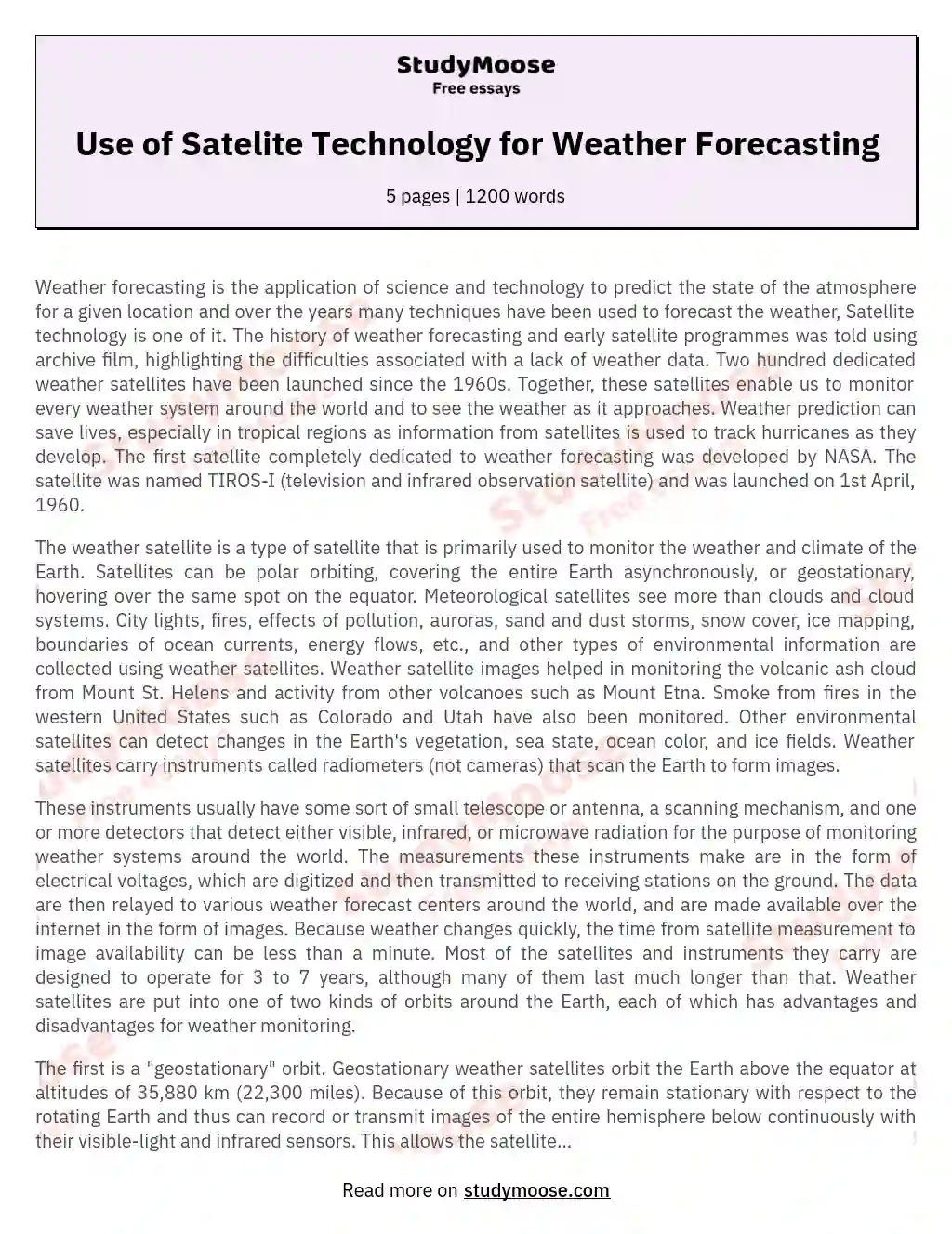 Use of Satelite Technology for Weather Forecasting essay
