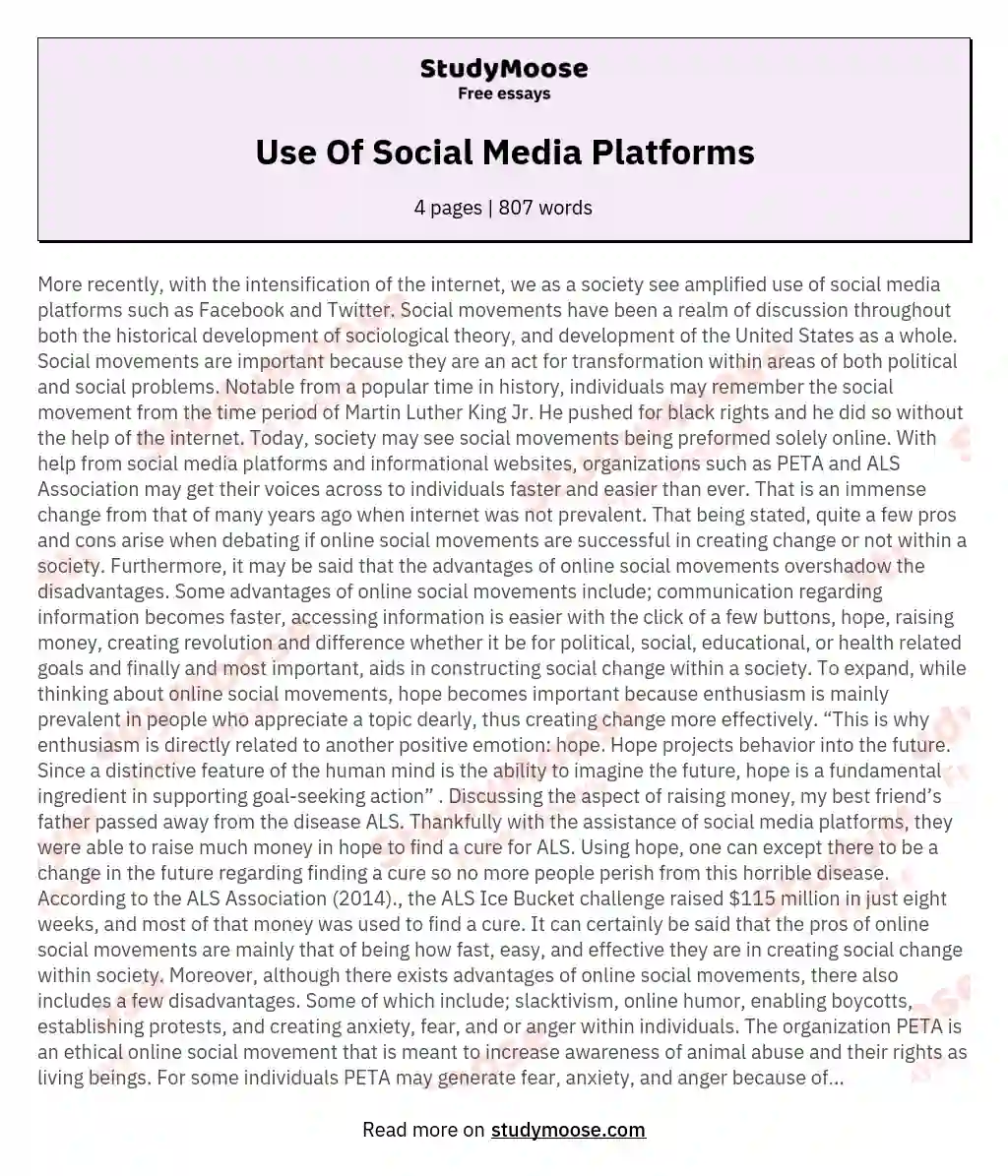 Use Of Social Media Platforms essay