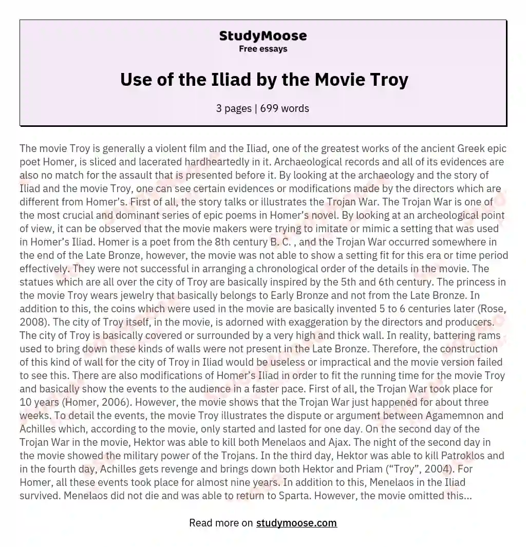 Use of the Iliad by the Movie Troy essay