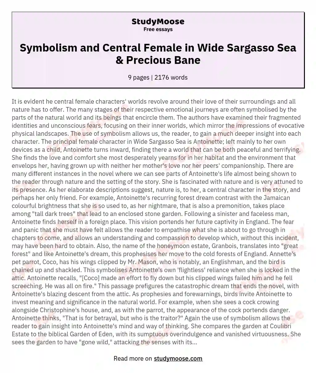 How does the use of symbolism inform our understanding of the central female characters in the novels 'Wide Sargasso Sea' and 'Precious Bane'?