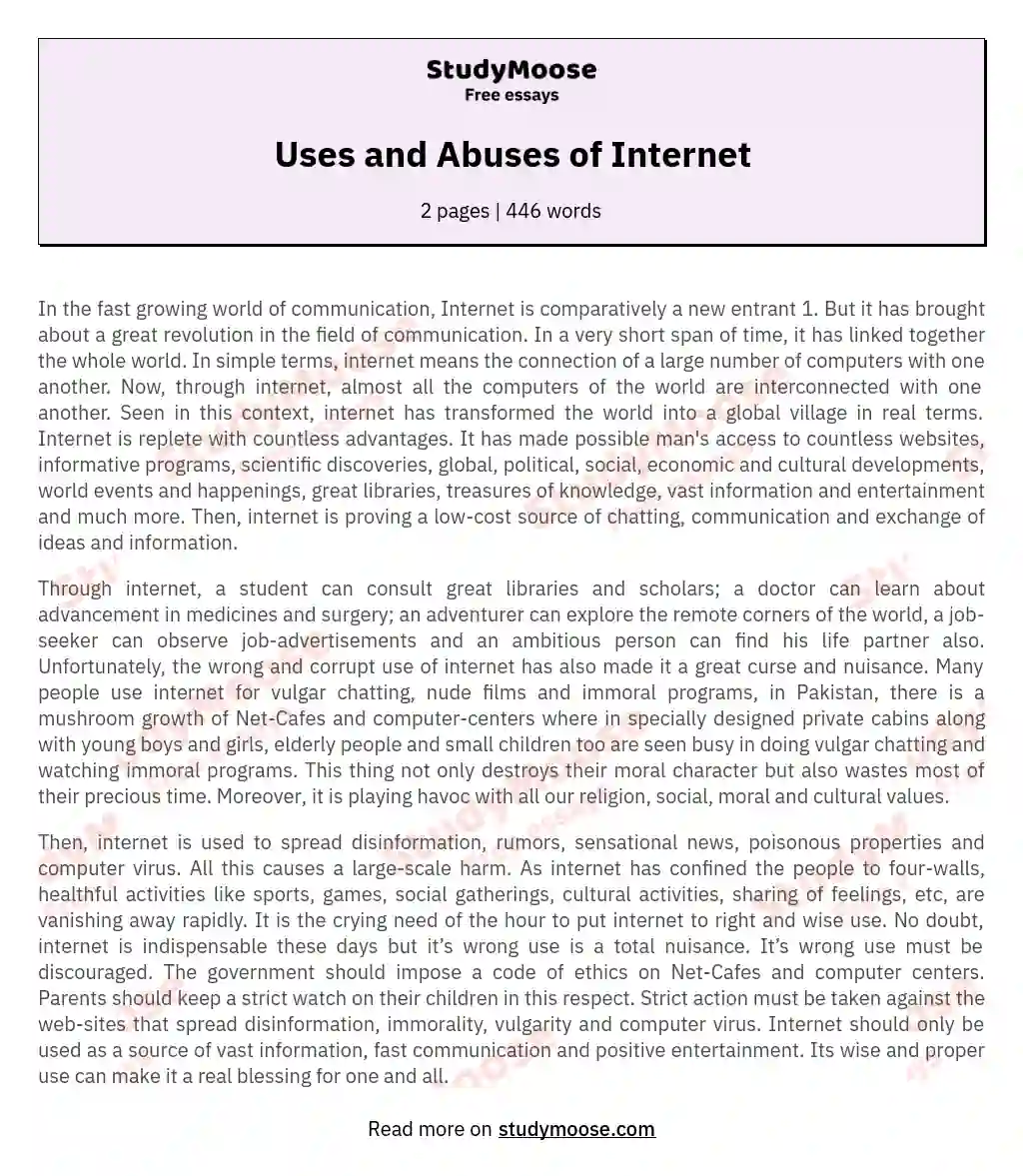 Uses and Abuses of Internet essay