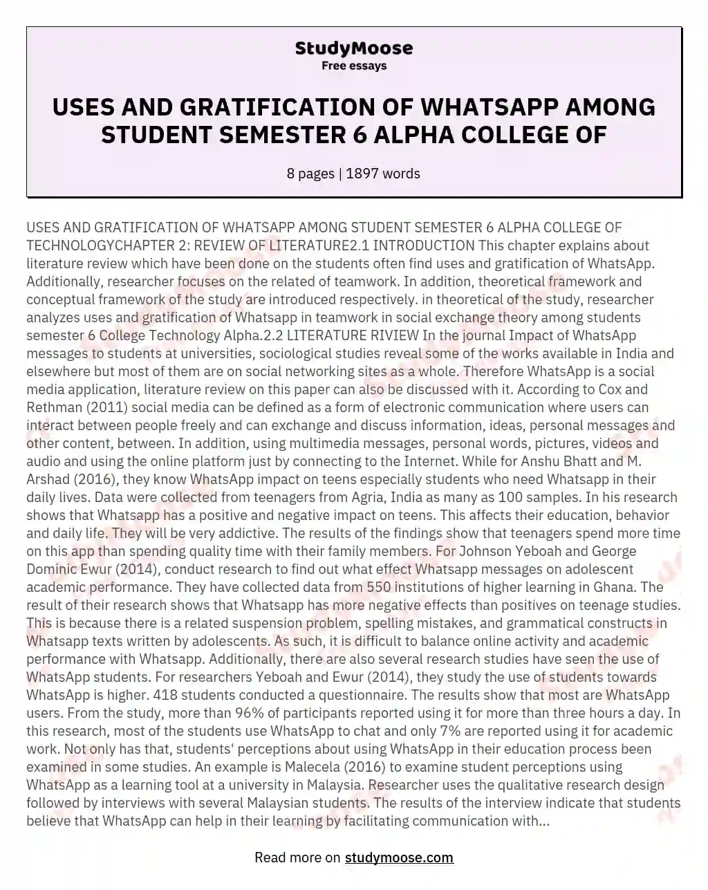 USES AND GRATIFICATION OF WHATSAPP AMONG STUDENT SEMESTER 6 ALPHA COLLEGE OF
