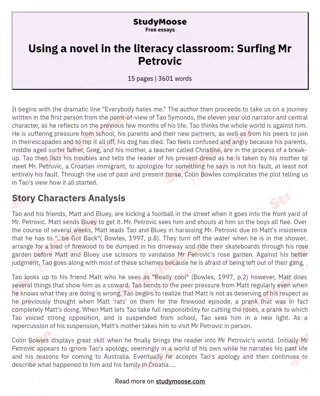 Using a novel in the literacy classroom: Surfing Mr Petrovic essay