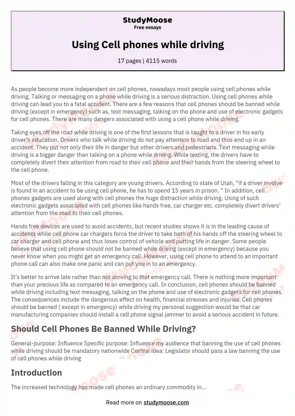 Using Cell phones while driving essay