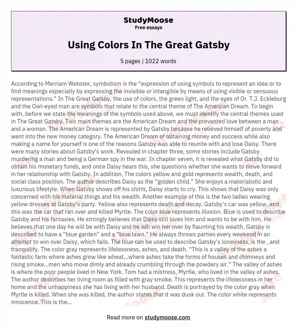 Using Colors In The Great Gatsby essay