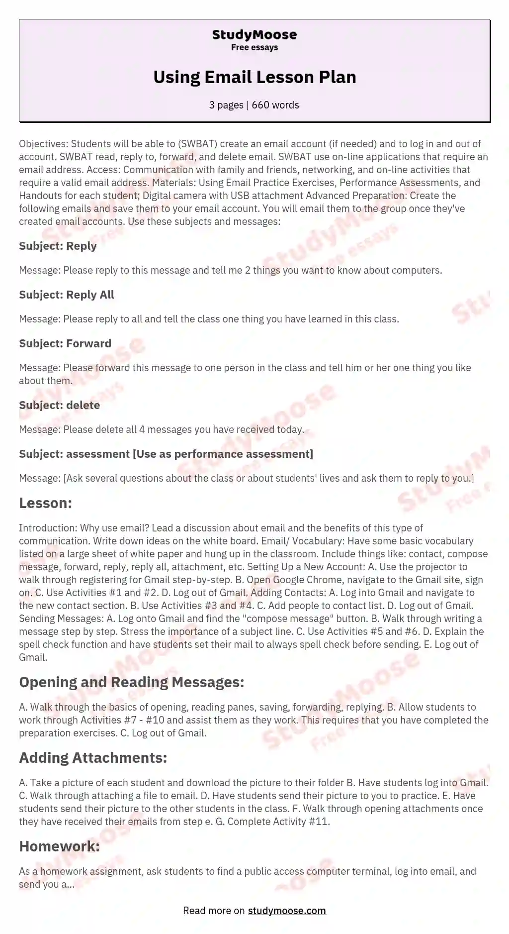 Using Email Lesson Plan essay