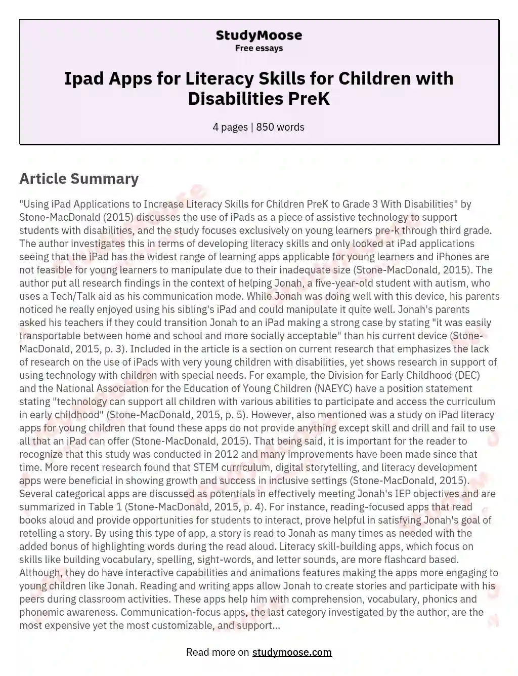 Ipad Apps for Literacy Skills for Children with Disabilities PreK essay