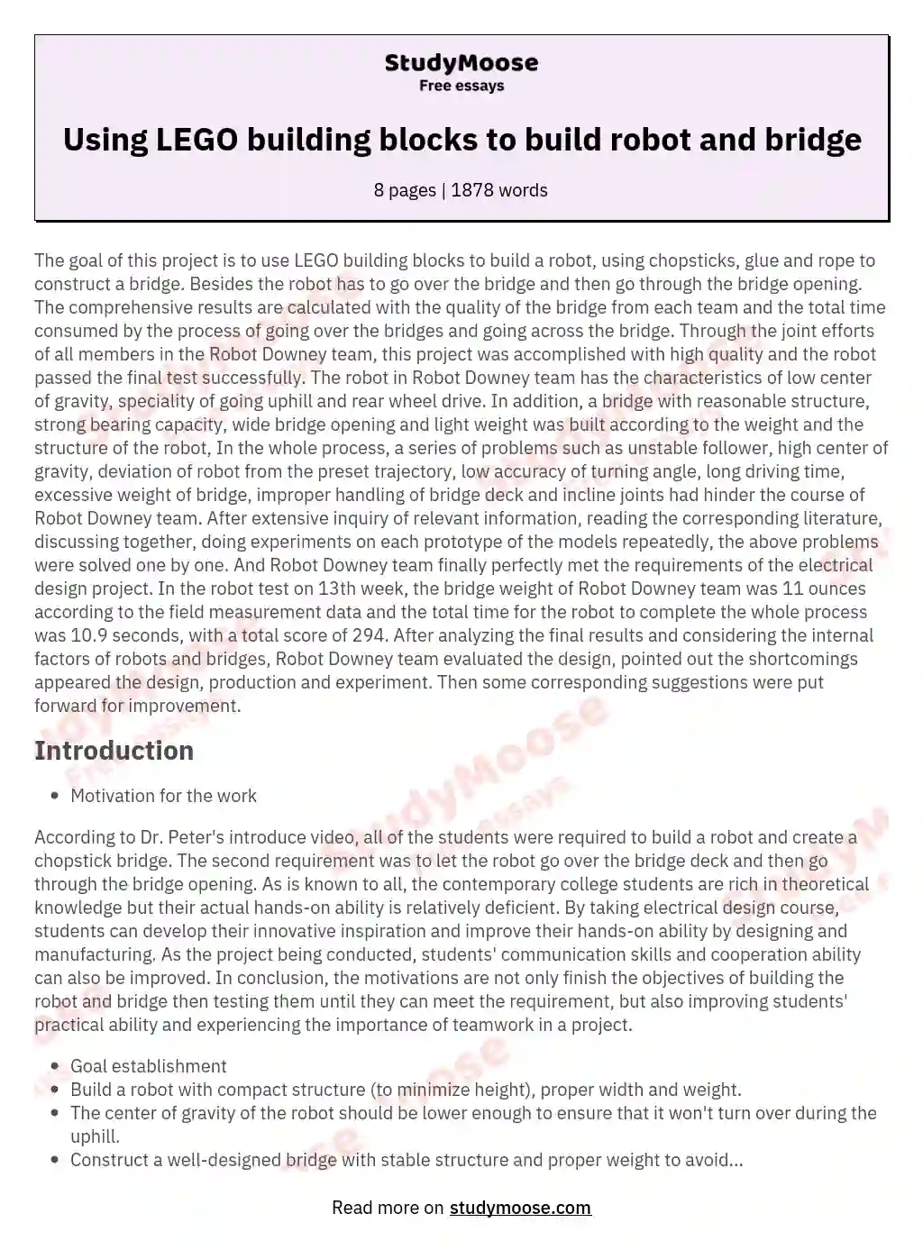Using LEGO building blocks to build robot and bridge essay